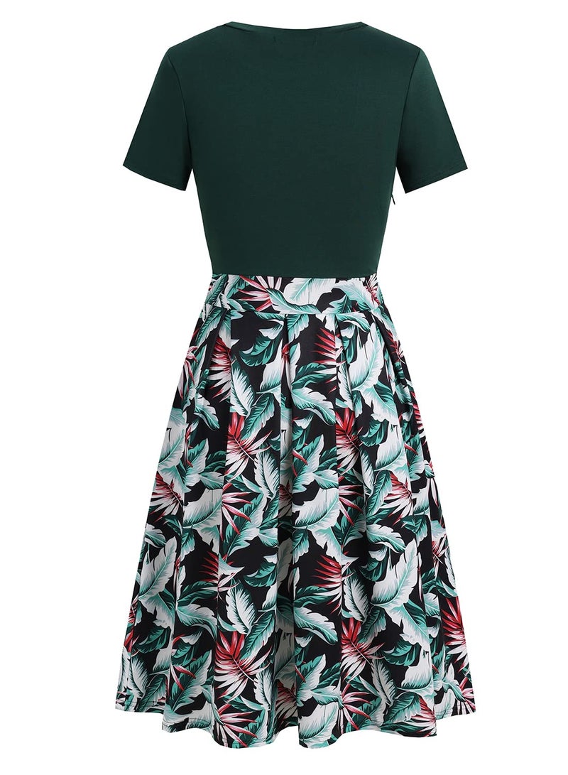 HELYO Women's Elegant Vintage Business Casual Floral Print Work Party A-Line Swing Dress with Pockets 838 Green Floral L - Image 3